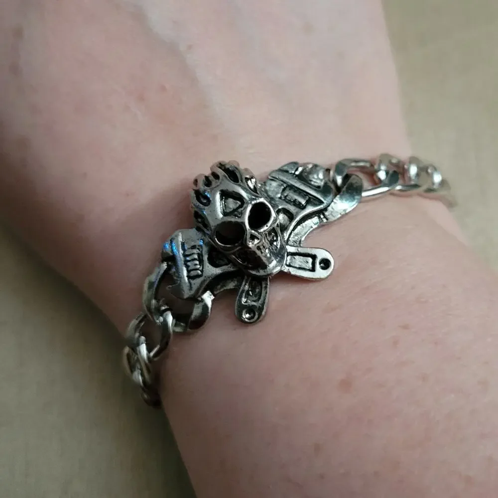 Silver & black skull and cross chunky gothic biker bracelet